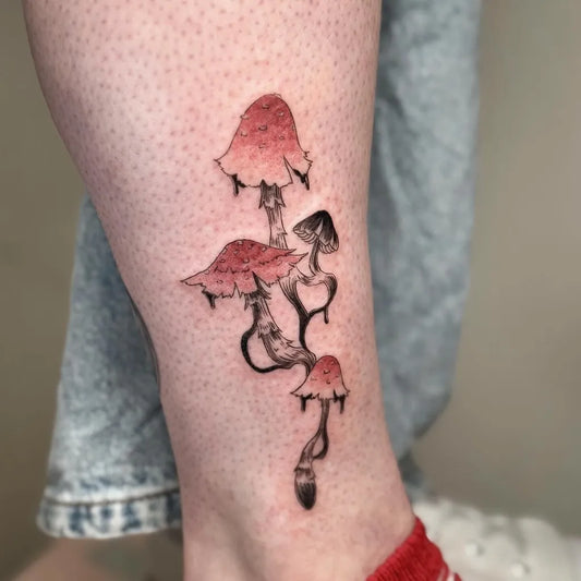Medium Realism Mushrooms on Women Leg Tattoo by @oldwhitebox.ink