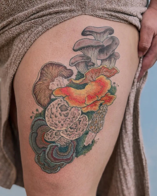 Medium Realism Mushrooms on Women Thigh Tattoo by @daemontid
