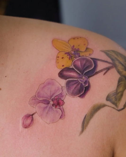 Medium Realism Orchid Flowers Tattoo on Women Shoulder by @_vickycortez_