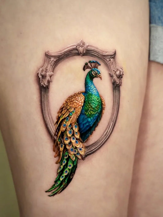Medium Realism Peacock in Ornate Frame Tattoo on Women Thigh by @369.inkstudio
