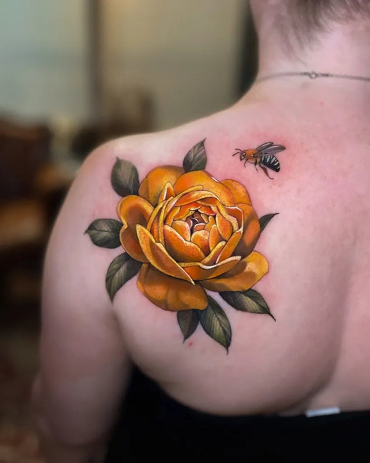 Medium Realism Peony and Bee on Women Shoulder Tattoo by @tattoosbysonja
