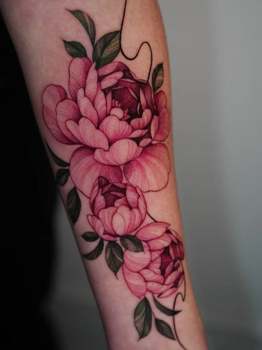 Medium Realism Peony and Leaves on Women Arm Tattoo by @l.alisa.tattoo