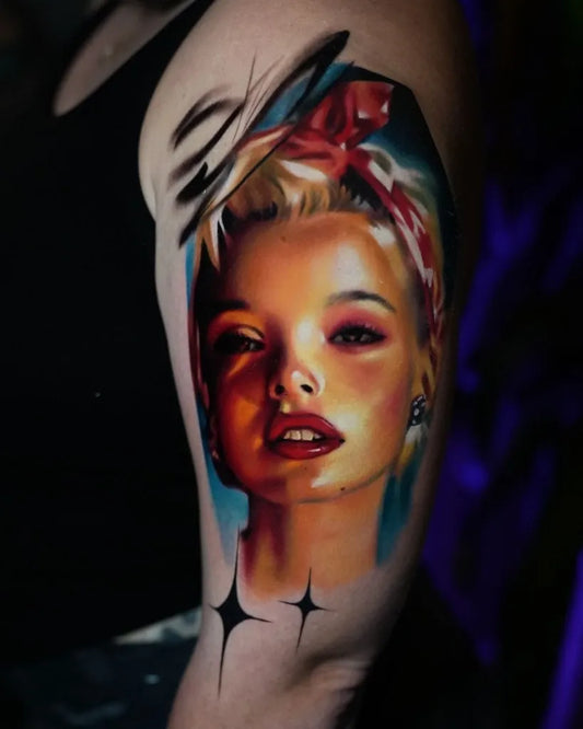 Medium Realism Pin Up Girl Tattoo on Women Arm by @ushuaiatattoo.london