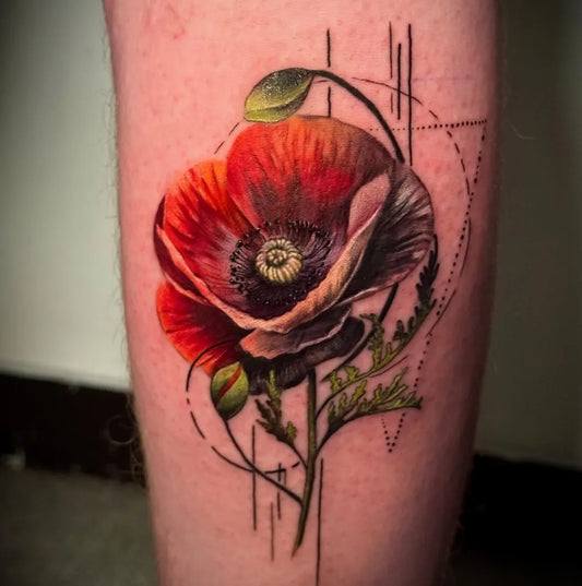 Medium Realism Poppy Flower and Geometric Tattoo on Women Leg by @fexaura.tattoo
