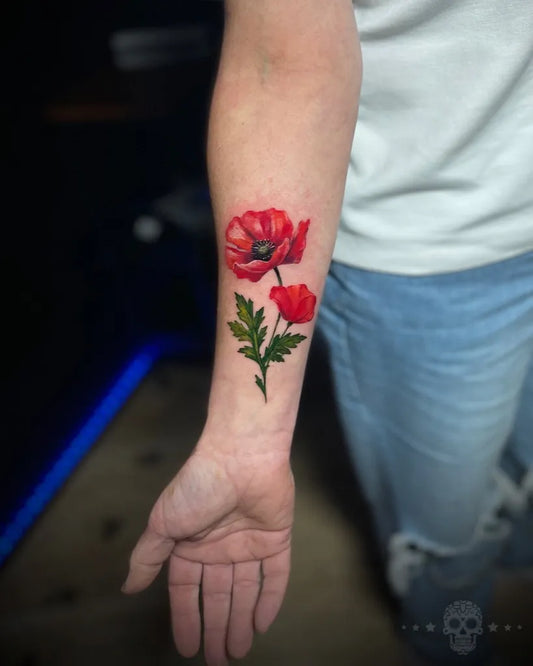 Medium Realism Poppy Flowers Tattoo on Women Arm by @crafttattoomaidstone