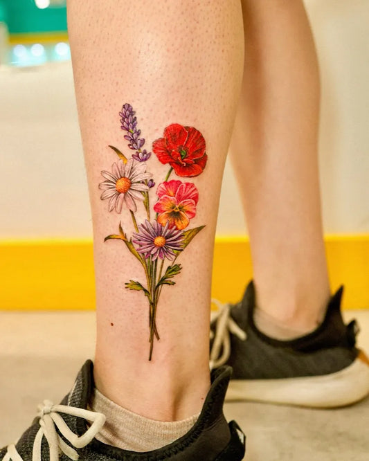 Medium Realism Poppy Lavender Daisy Tattoo on Women Leg by @_rony_tattoo