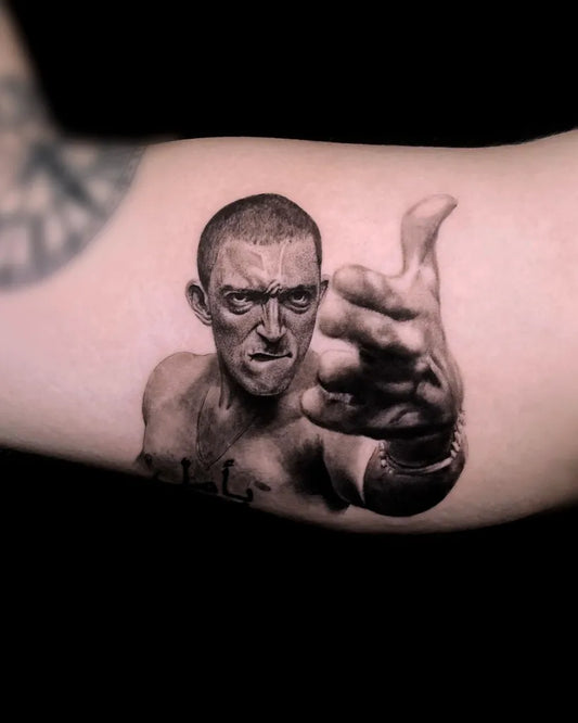 Medium Realism Portrait of Man Pointing Tattoo on Men Arm by @kaplan
