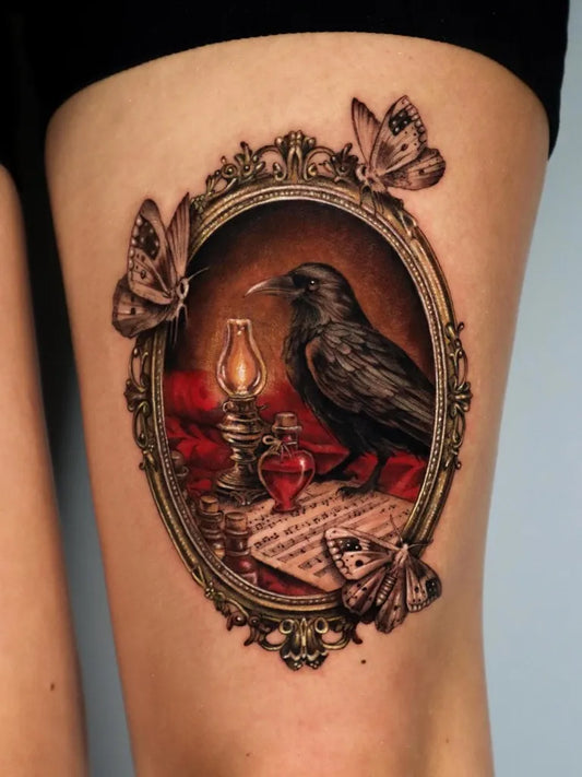 Medium Realism Raven Mirror Frame on Women Thigh Tattoo by @marily_tattoo
