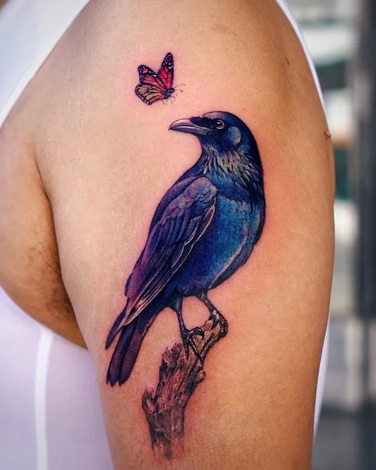 Medium Realism Raven and Butterfly on Men Shoulder Tattoo by @abii_tattoo