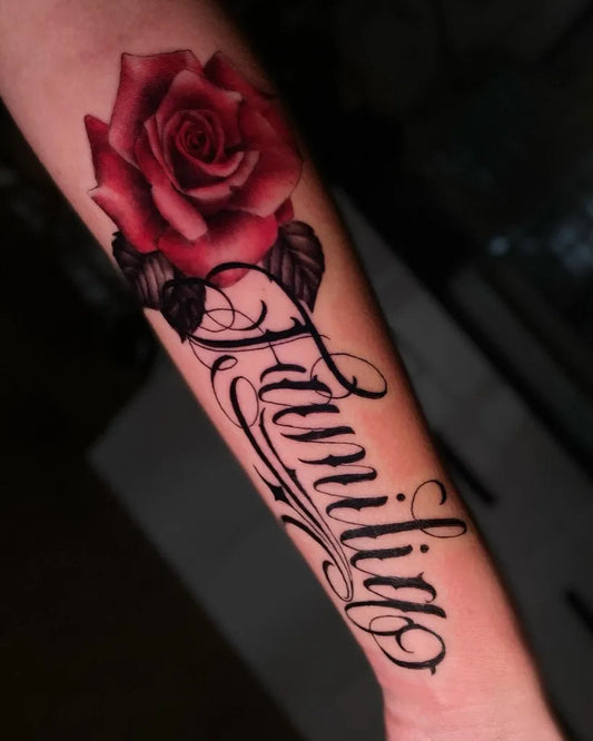 Medium Realism Red Rose and Script Family Tattoo on Women Arm by @alimental_ink