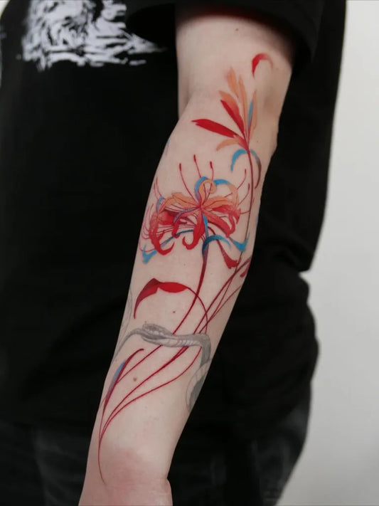 Medium Realism Red Spider Lily Tattoo on Men Arm by @mavka_tattoo