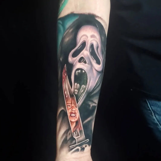 Medium Realism Scream Mask with Knife and Girl Horror Tattoo on Men Arm by @tattoosbymattsc