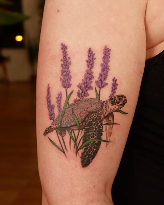 Medium Realism Sea Turtle and Lavender Women Arm by @aliceink_tattoos
