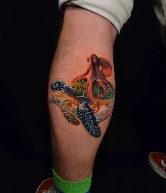 Medium Realism Sea Turtle and Octopus Tattoo on Men Leg by @gardensof.ink