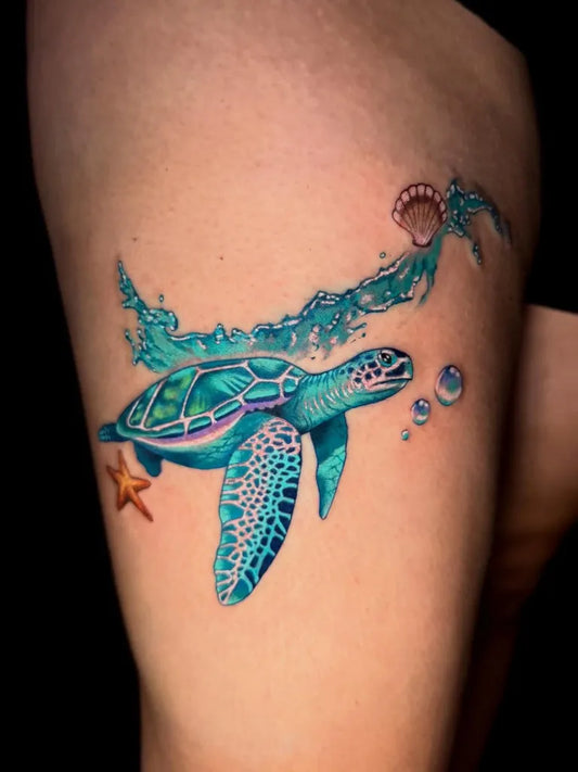 Medium Realism Sea Turtle and Starfish Tattoo on Women Thigh by @inkaholicisla