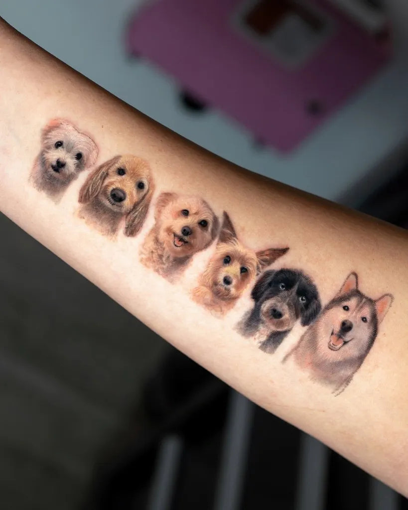 Medium Realism Six Dogs Tattoo on Women Arm by @dimkymn