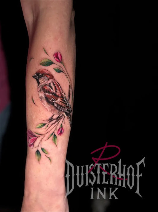 Medium Realism Sparrow and Roses Tattoo on Women Arm by @duisterhof_ink