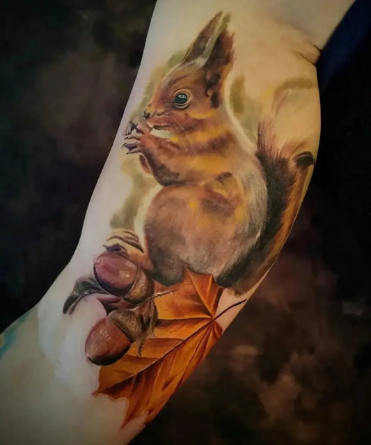 Medium Realism Squirrel with Acorns and Leaf Nature Tattoo on Women Arm by @eireink