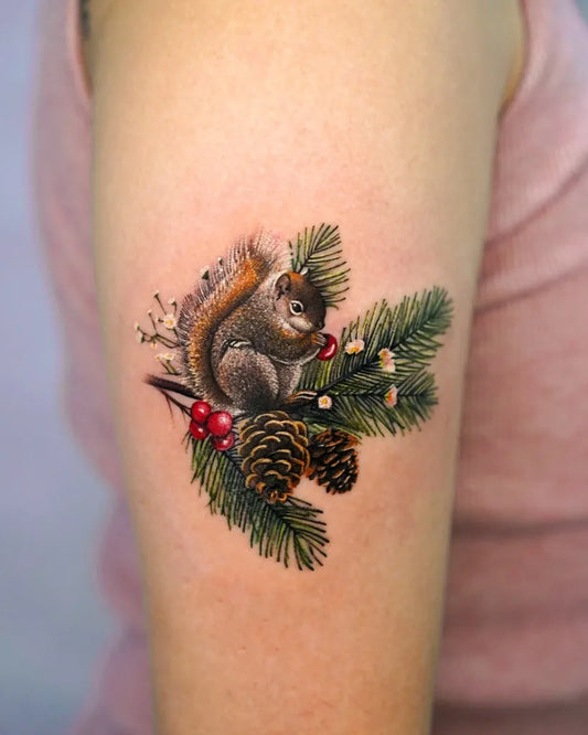 Medium Realism Squirrel with Pine Branches and Berries Animal Tattoo on Women Arm by @myungdo___