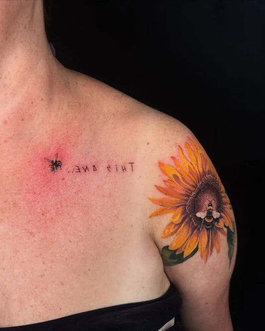 Medium Realism Sunflower Bee Script on Women Shoulder Tattoo by @hangangtattoo