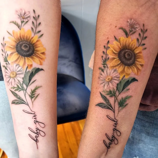 Medium Realism Sunflower Daisies Babygirl on Women Arm Tattoo by @msashleylynne