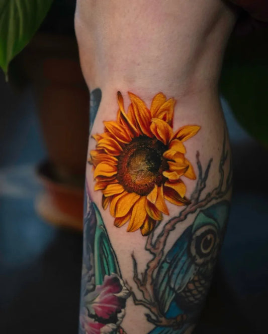 Medium Realism Sunflower Owl Branch on Women Leg Tattoo by @thelittlerabbitink