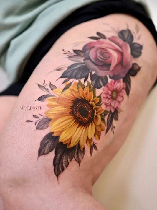 Medium Realism Sunflower Roses Leaves on Women Thigh Tattoo by @meojestic