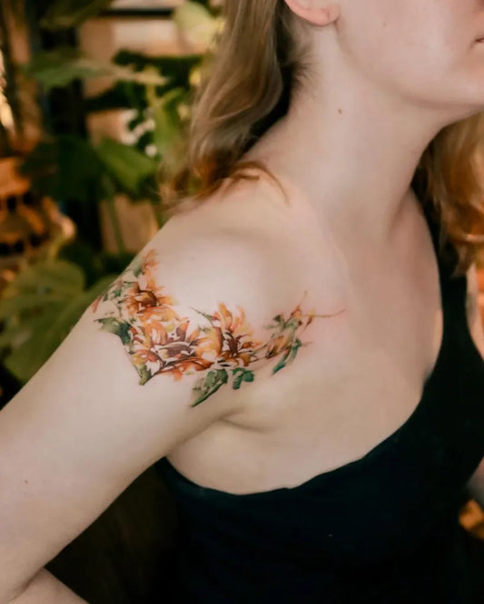 Medium Realism Sunflower and Leaves on Women Shoulder Tattoo by @hongcha_tt