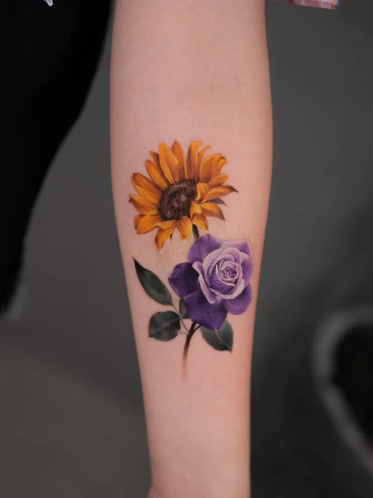 Medium Realism Sunflower and Purple Rose on Women Arm Tattoo by @newtattoo_yangyang