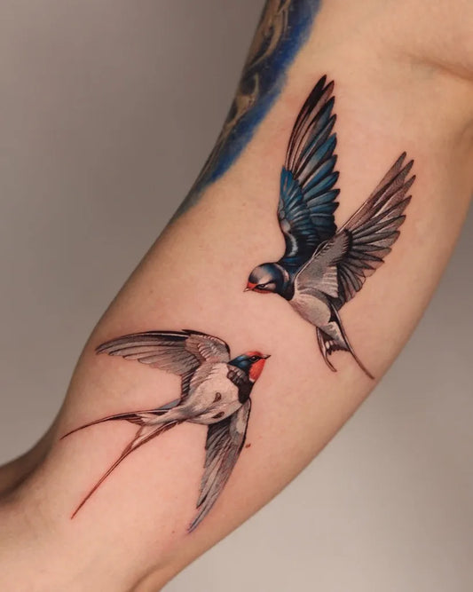 Medium Realism Swallow Pair Tattoo on Women Arm by @zszywka_tattooing