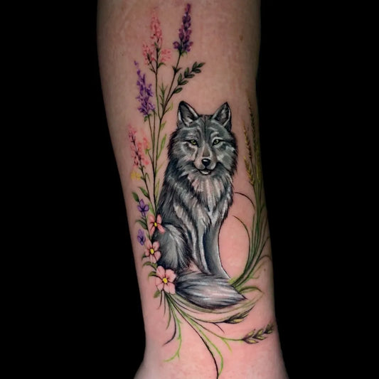 Medium Realism Wolf Lavender Nature Tattoo on Women Arm by @saracita_tattoo