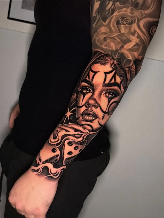 Medium Realism Woman with Teardrops and Dots Tattoo on Women Arm by @thedansal