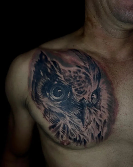 Medium Realistic Owl on Men Shoulder Tattoo by @rodny_tattoo
