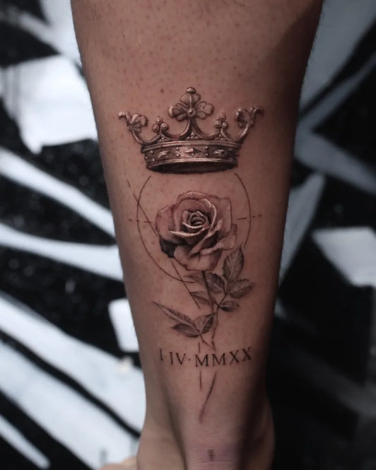 Medium Realsim Crown and Rose Tattoo on Women Ankle by @monsterainkstudio