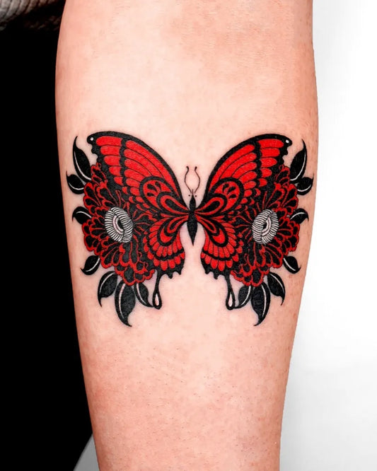 Medium Red Butterfly Tattoo on Women Arm by @nobodytattoo
