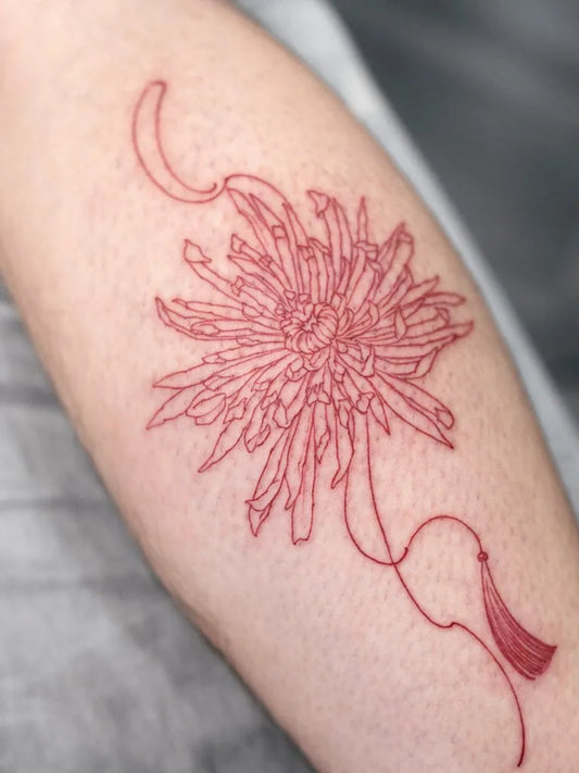 Medium Red Chrysanthemum and Tassel Tattoo on Women Arm by @alessandramurayama