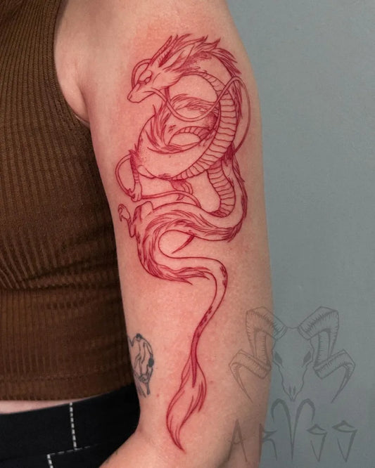 Medium Red Dragon Tattoo on Women Arm by @aryss.ttt