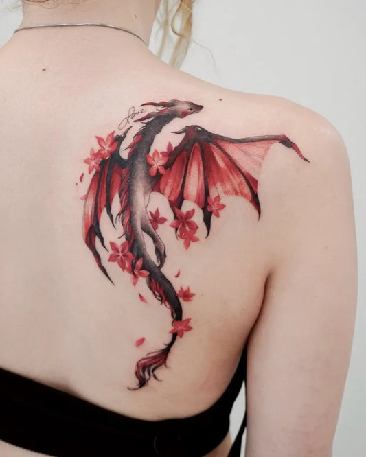 Medium Red Dragon with Cherry Blossoms Tattoo on Women Back by @peppa_tattoos
