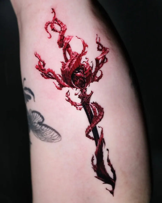 Medium Red Flaming Sword Arm Tattoo by @dusi.2