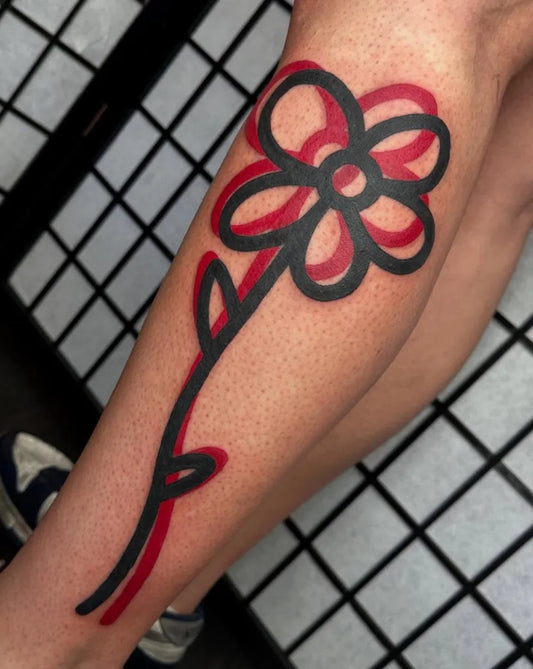 Medium Red Flower Tattoo on Women Thigh by @atomicgalaxies