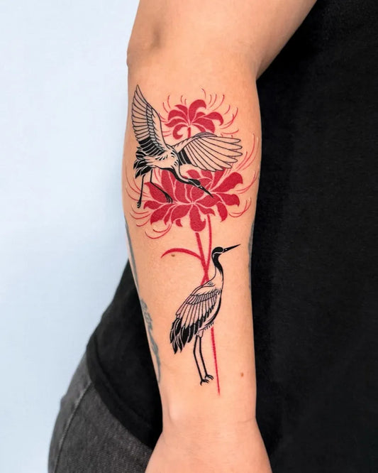 Medium Red Heron and Hibiscus Tattoo on Women Arm by @offtattooer