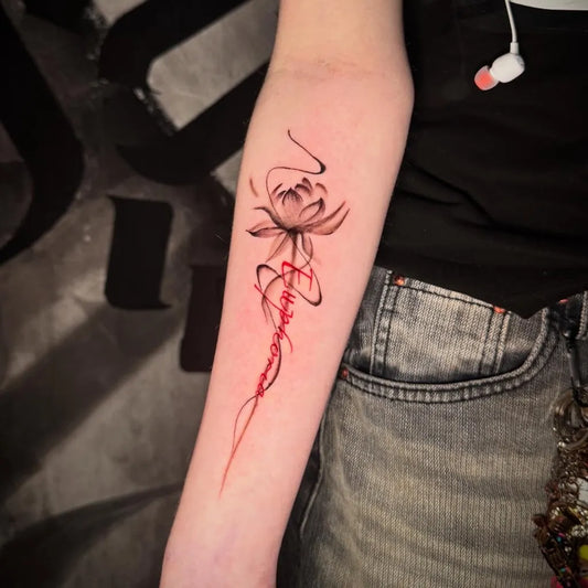 Medium Red Lotus Flower Tattoo on Women Arm by @ink.jektion