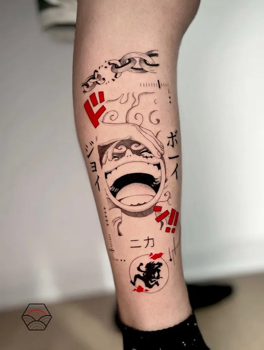 Medium Red One Piece Luffy Tattoo on Women Leg by @mattia.marte.tattoo