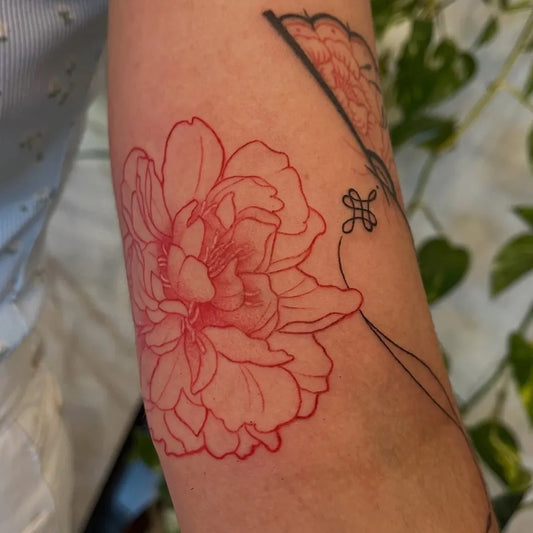 Medium Red Peony and Infinity Symbol Tattoo on Women Arm by @miki.tattoo2.0