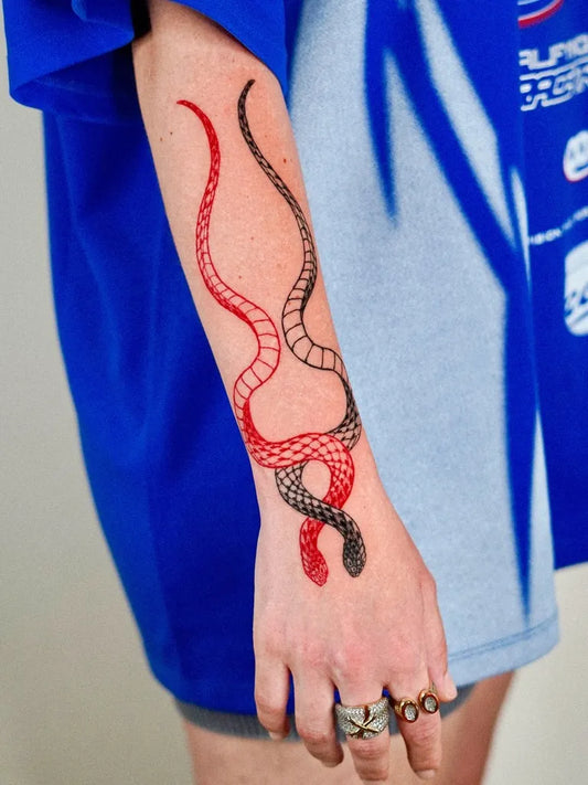 Medium Red Twin Snakes Tattoo on Women Arm by @miseria.ttt
