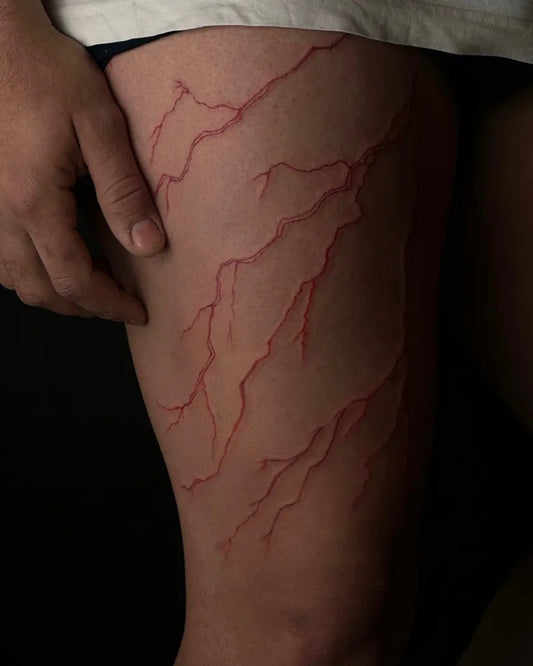Medium Redwork Lightning Tattoo on Women Thigh by @mimavayena
