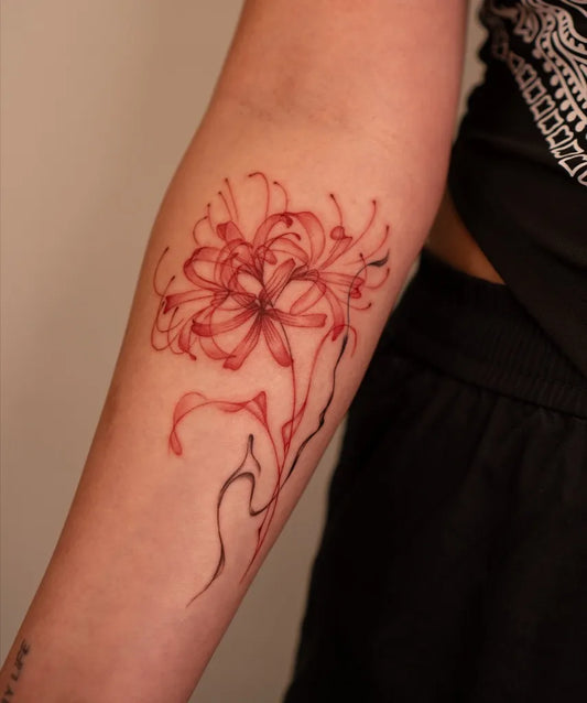 Medium Redwork Spider Lily Tattoo on Women Arm by @bona_ttoo