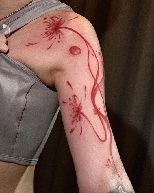 Medium Redwork Spider Lily and Vines Tattoo on Women Shoulder by @coimaxtattoo