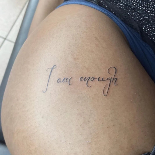 Medium Script Inspirational Text on Women Thigh Tattoo by @ubinktattoos