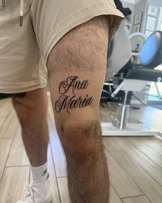 Medium Script Names on Men Thigh Tattoo by @payaso479_ink